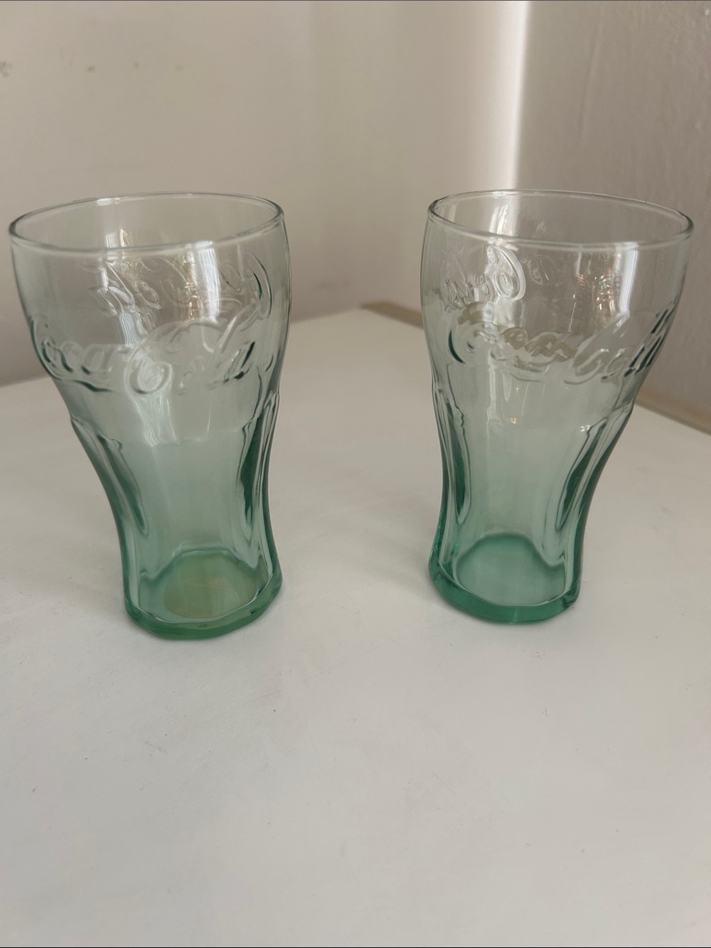 Coca Cola Light Green Embossed Glass Tumblers - Pair